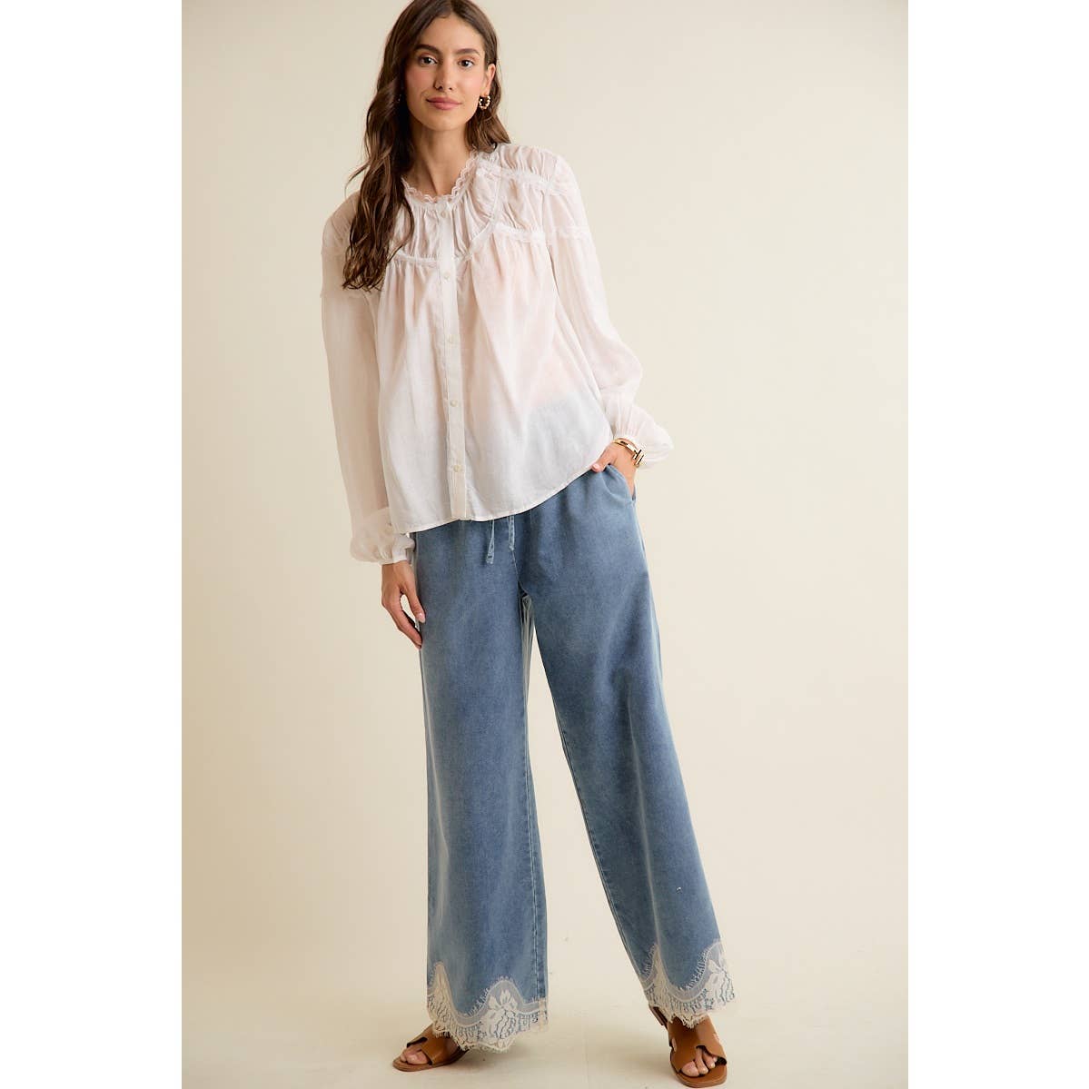 JUNE SHIP  LACE TRIM WIDE LEG ELASTIC MID RISE DENIM PANTS: DENIM