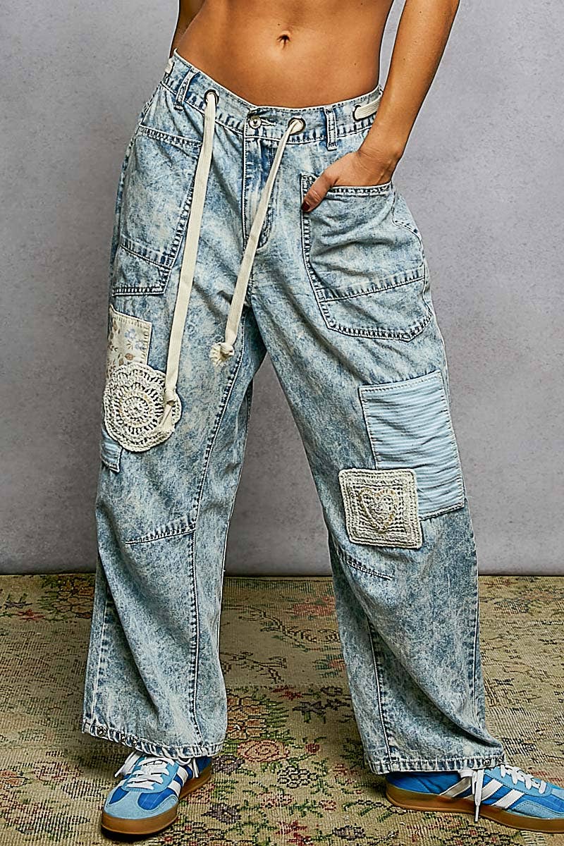 Twill Denim Patchwork Straight Pants