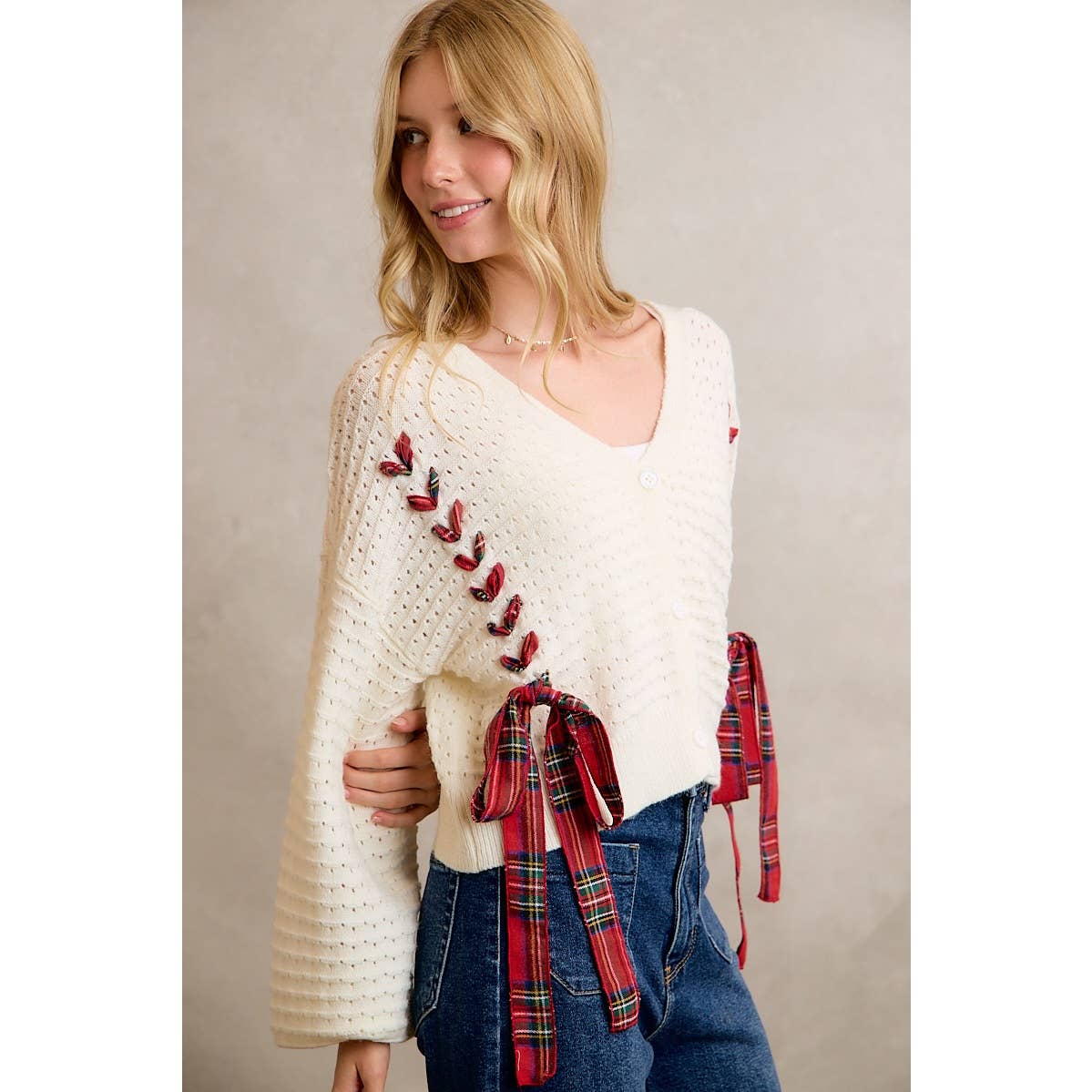 WRAPPED WITH A BOW CHRISTMAS CHECKERED PLAID TAPE LACE TEXTURE SWEATER CARDIGAN