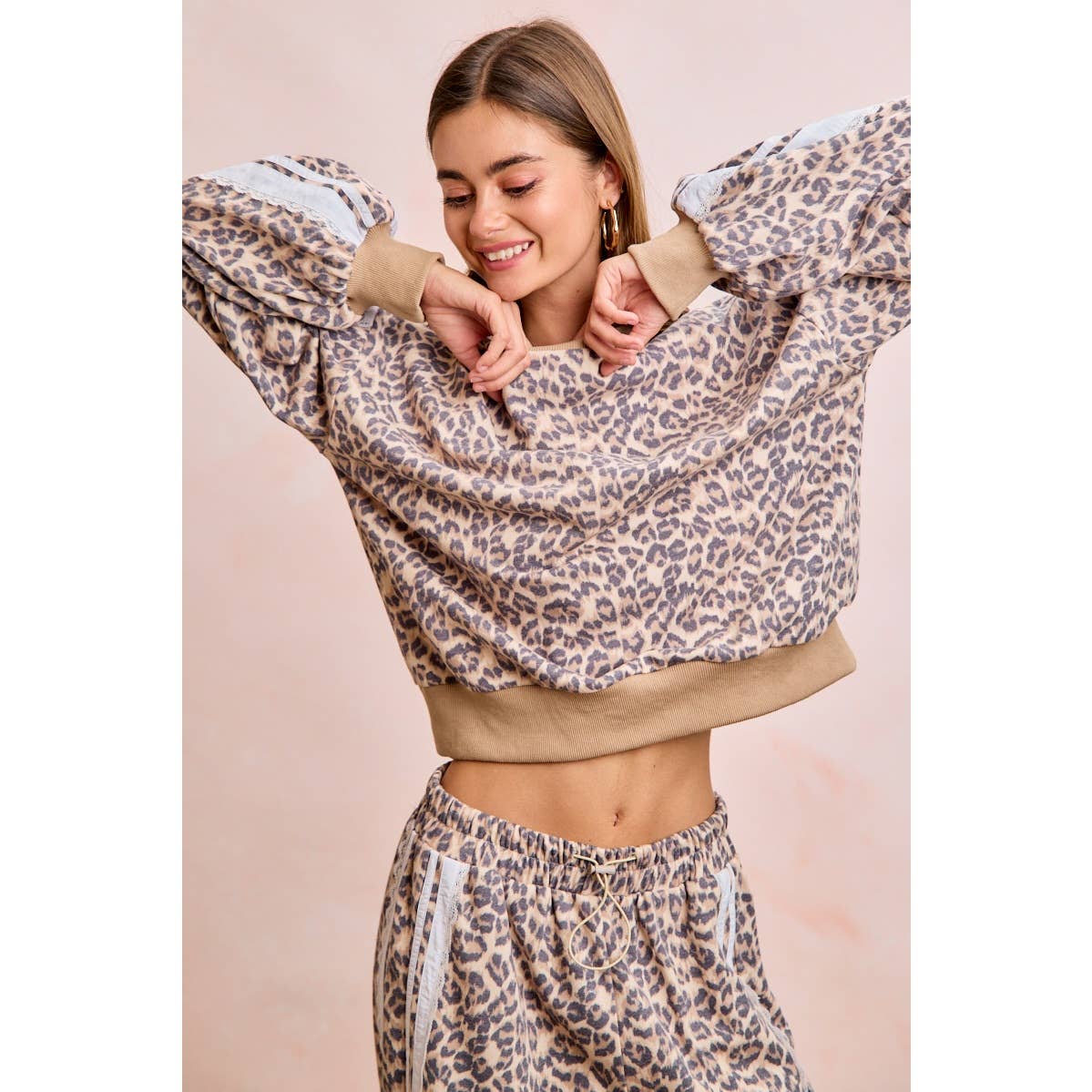 LEOPARD FRENCH TERRY LACE CONTRAST SWEATSHIRT TOP: LEOPARD