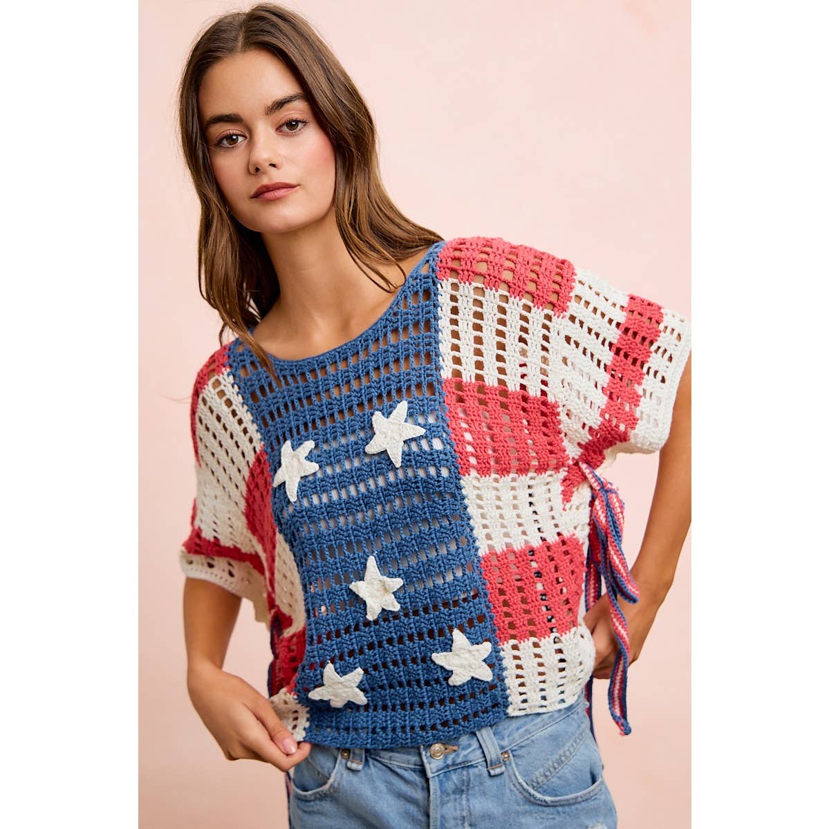 4TH OF JULY AMERICAN FLAG OPEN KNIT CROCHET TOP: AMERICAN FLAG