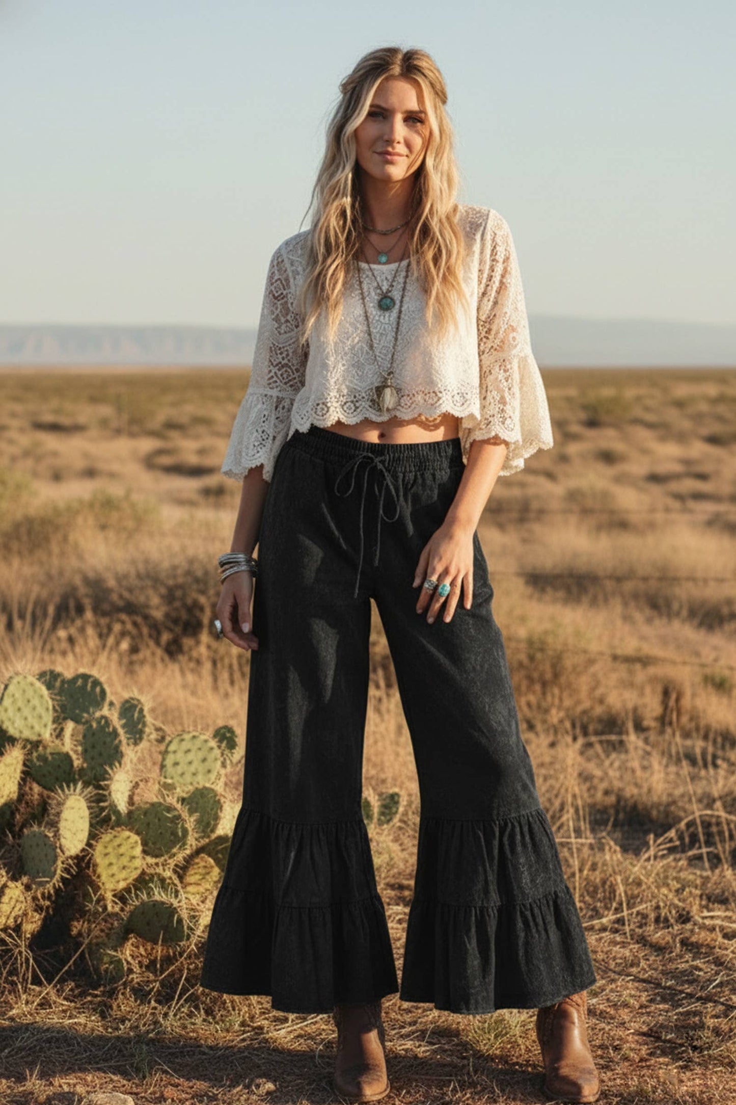 Stone Washed Woven Tiered Ruffle Wide Leg Pants
