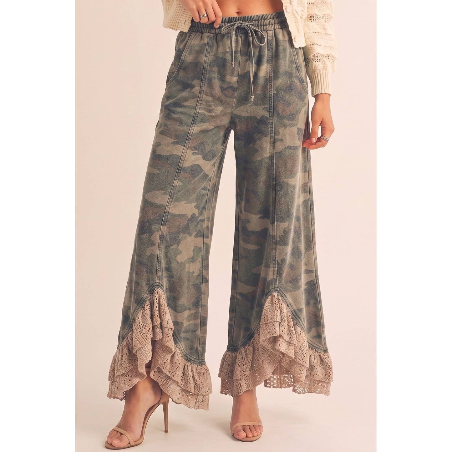 PREORDER JULY SHIP Vintage Lace Infused Couture Elastic Waist Pants: CAMO