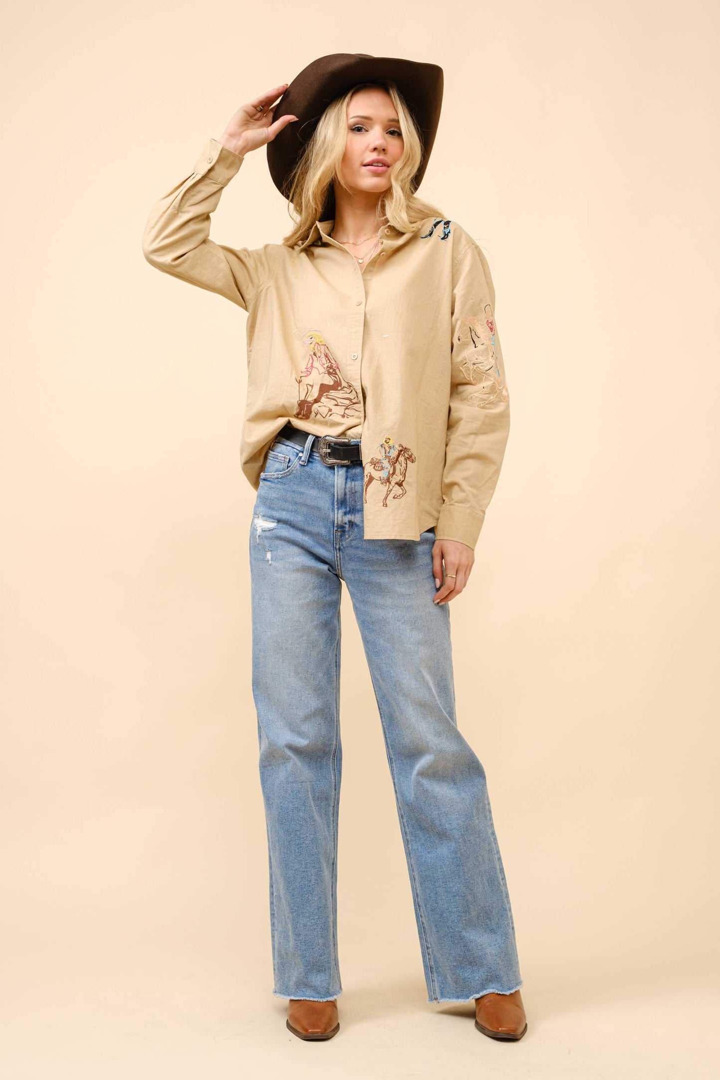Western Cowgirl Motif Button Up Linen Shirt Blouse: CAMEL
