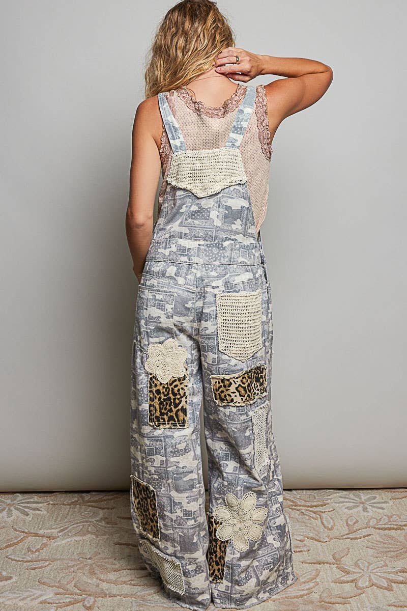 POL Crochet Contrast Patch Detail Chest Pocket Woven Overalls: ALMOND CAMO