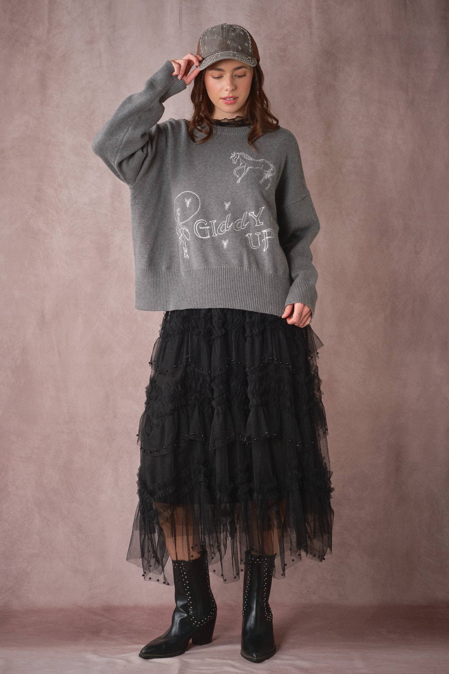 Black Tiered Ruffle Tulle Skirt With Pearls