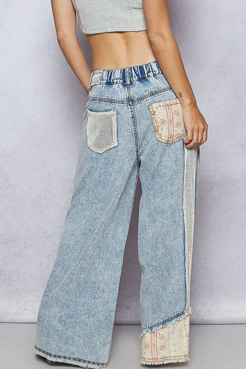 POL Stud Detail Woven Denim Pants: DENIM