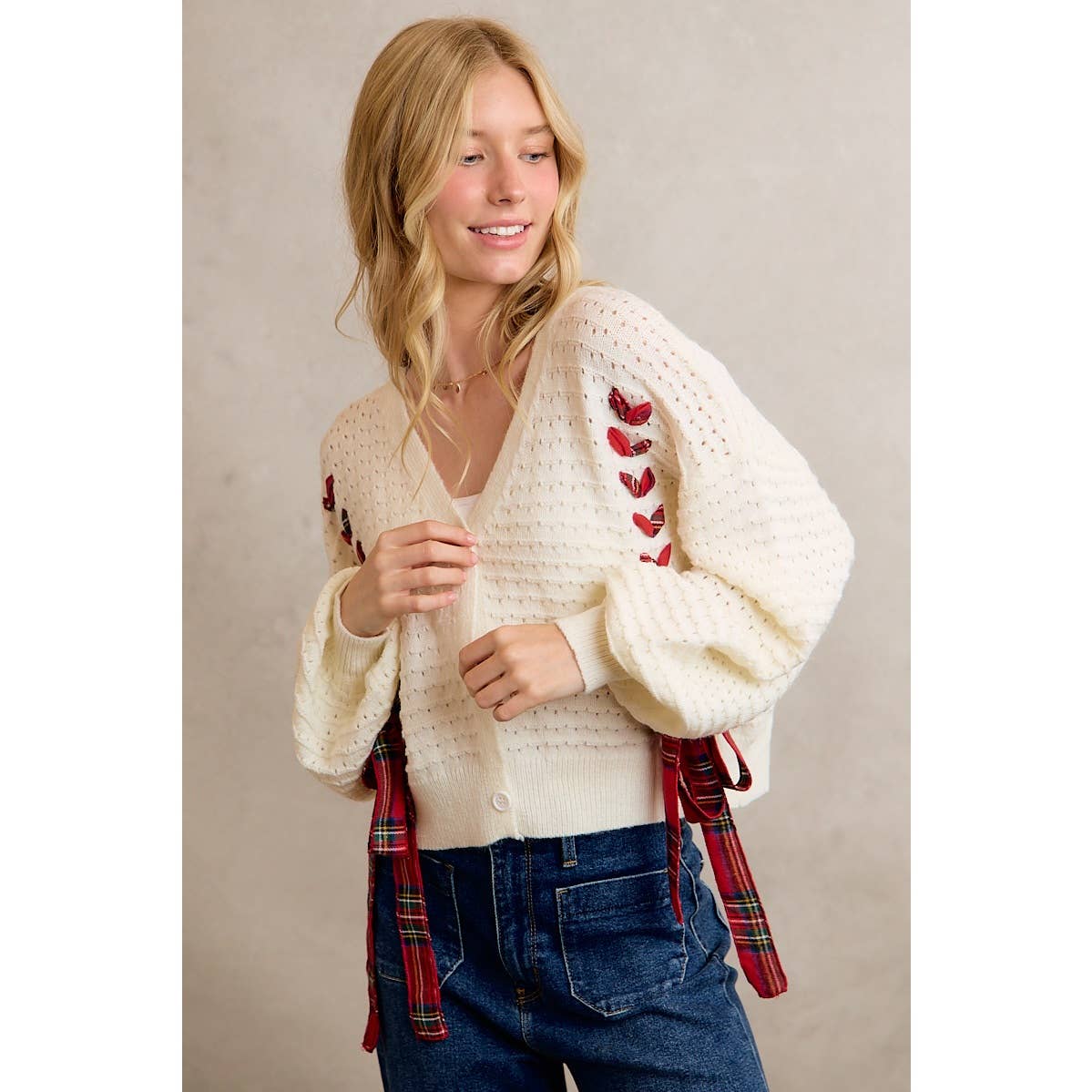 WRAPPED WITH A BOW CHRISTMAS CHECKERED PLAID TAPE LACE TEXTURE SWEATER CARDIGAN