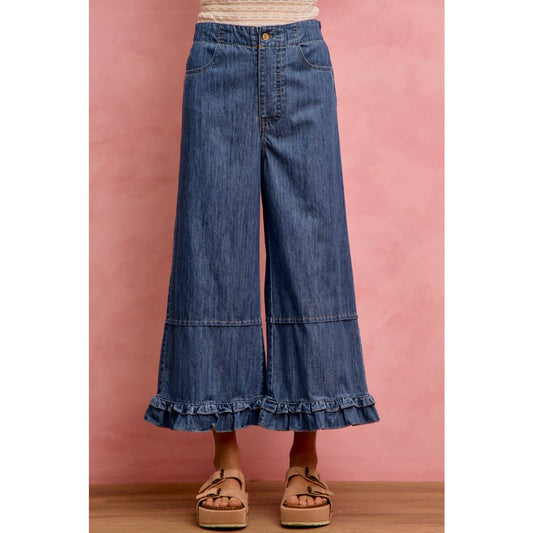 MID RISE WIDE LEG DENIM JEANS WITH RUFFLED HEM: DENIM
