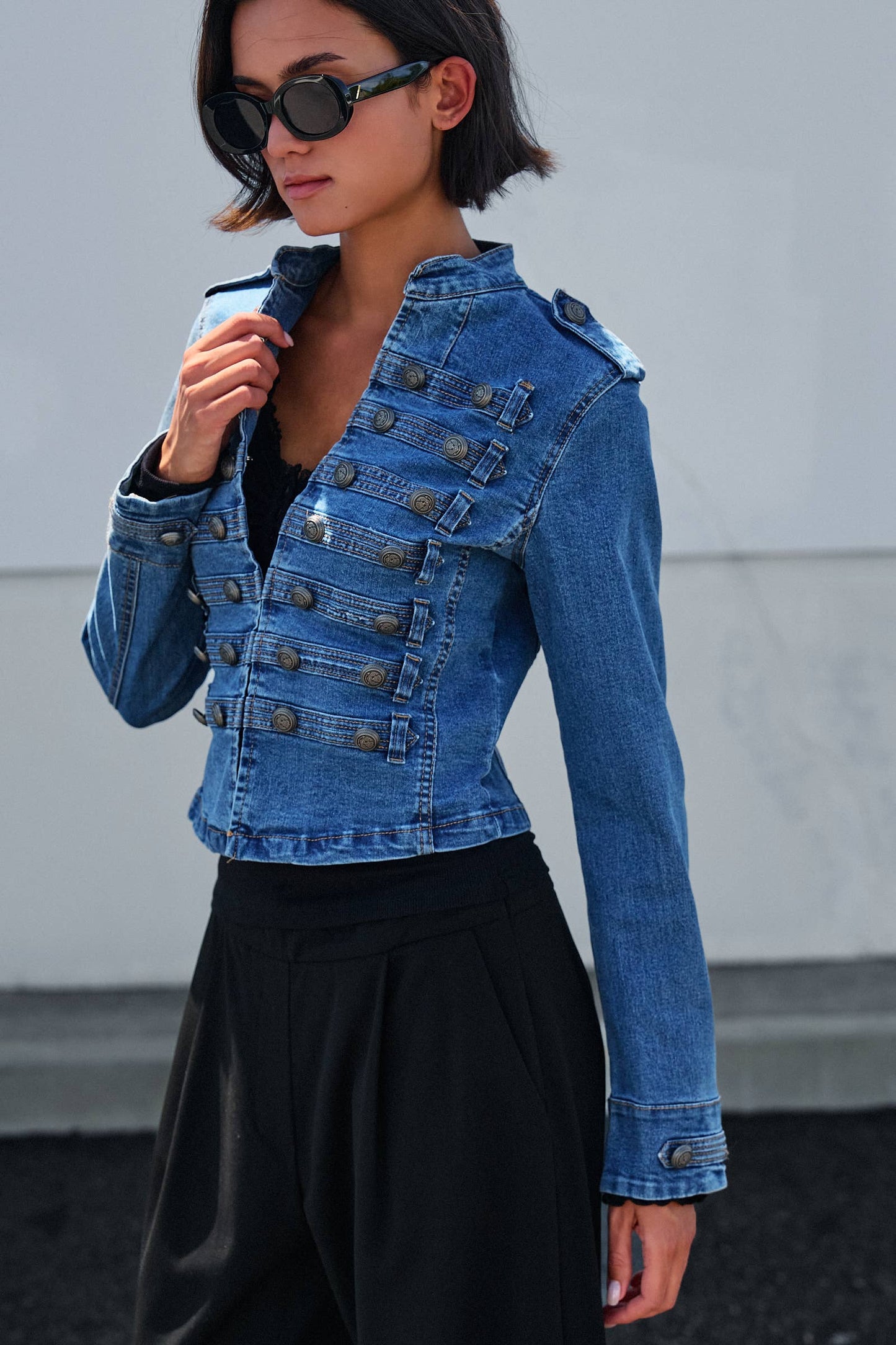 Military Double-Button Denim Jean Jacket: Blue