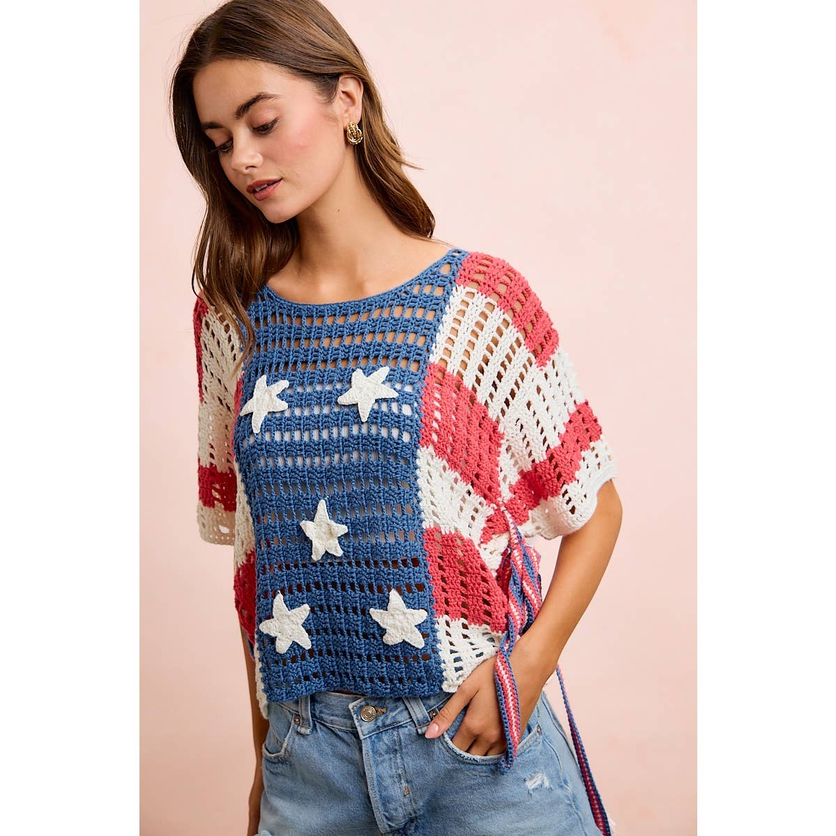 4TH OF JULY AMERICAN FLAG OPEN KNIT CROCHET TOP: AMERICAN FLAG