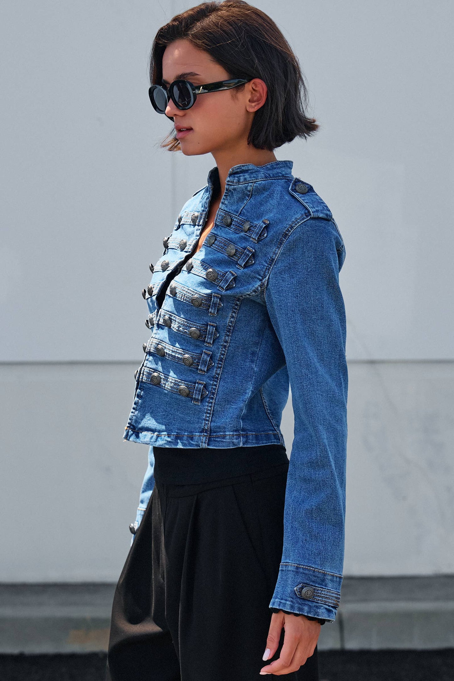 Military Double-Button Denim Jean Jacket: Blue