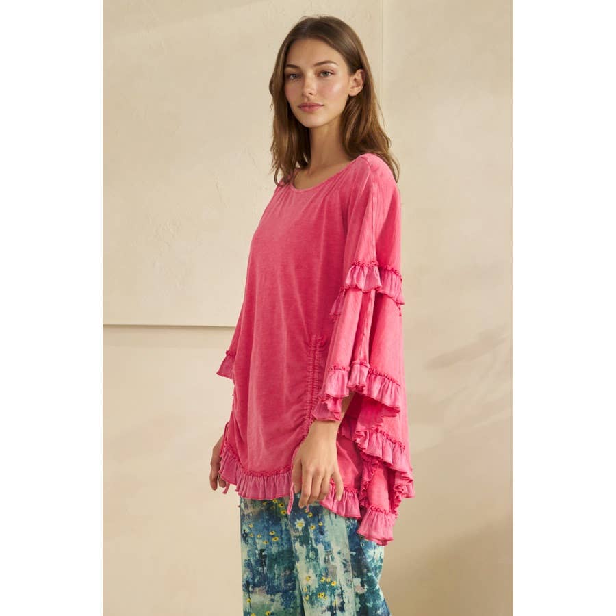 WASHED CINCHED DETAIL RUFFLE SLEEVE AND HEM TOP - HOT PINK or BLACK