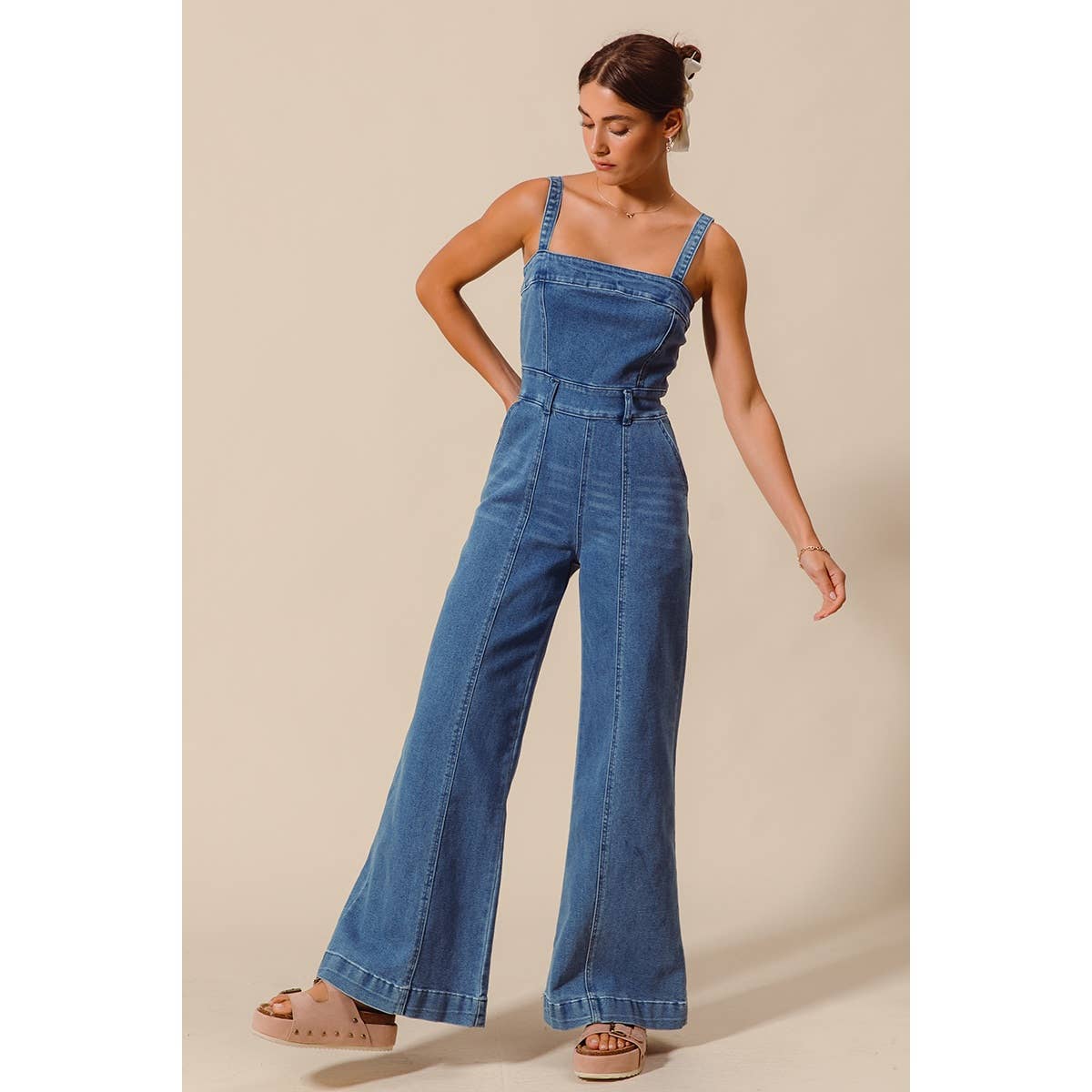 FRONT CUT EXPOSED SEAM WASHED DENIM JUMPSUIT : DENIM