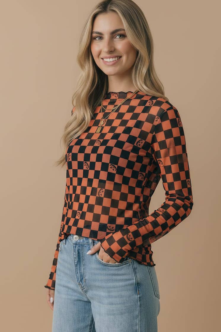 Halloween Pumpkin Merrow Hem Mesh Top: BLACK/ORANGE