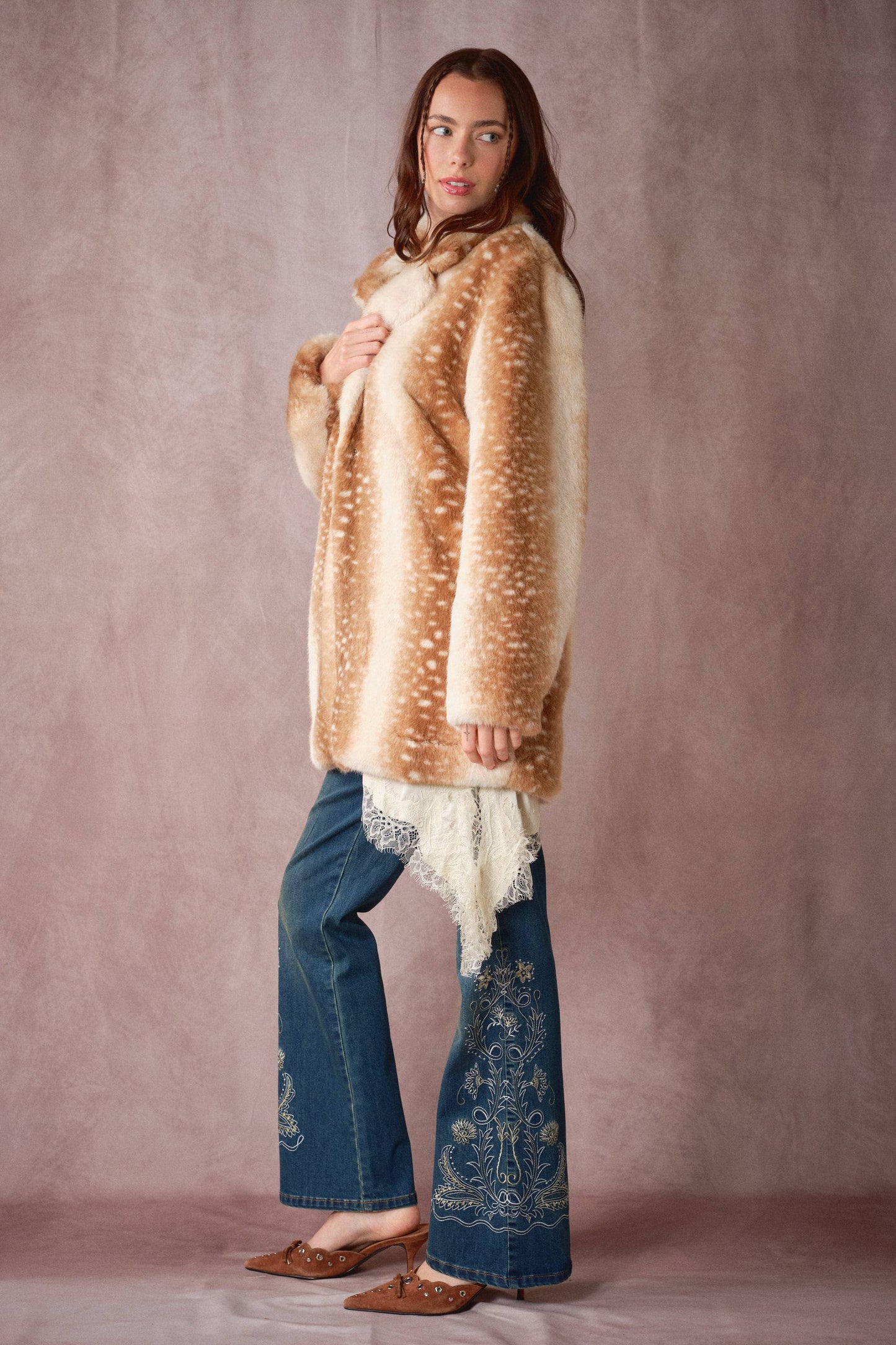 Deer Print Faux Fur Coat: TAUPE