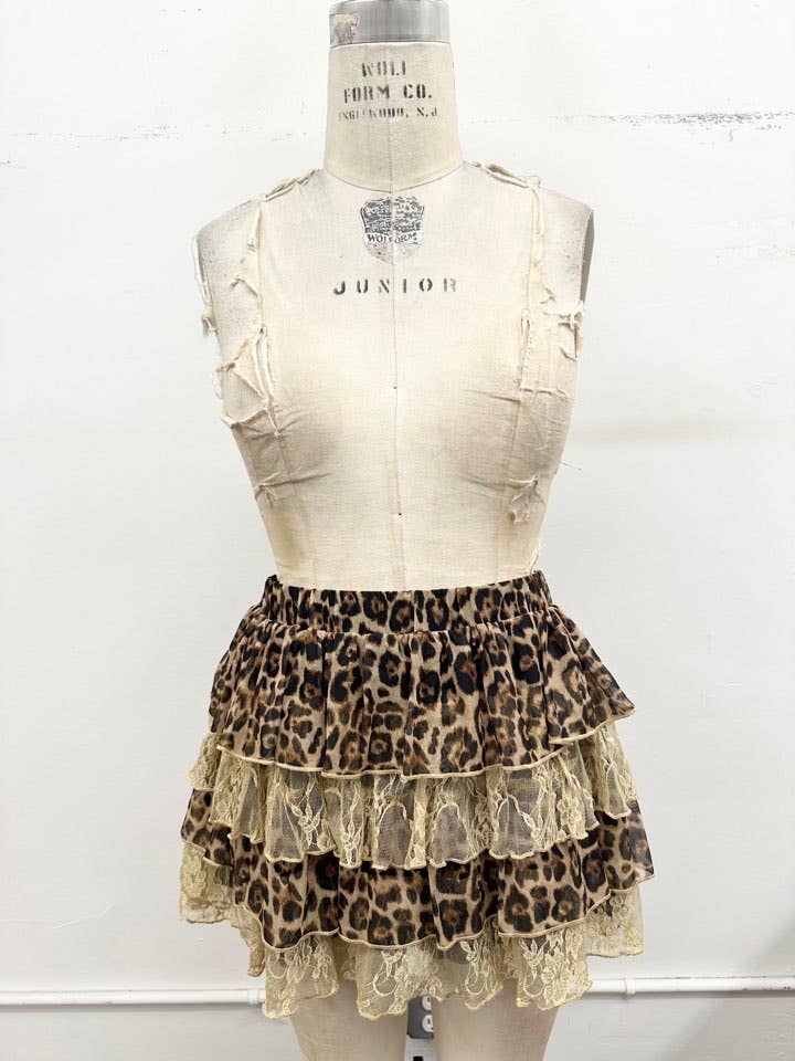 AUG SHIP Wild Romance Tiered Lace Leopard Mini Skirt: Leopard
