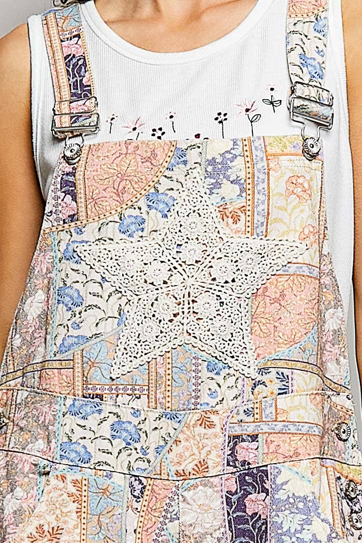 POL Floral Crochet Pearl Patch Roomy Fit Twill Overalls