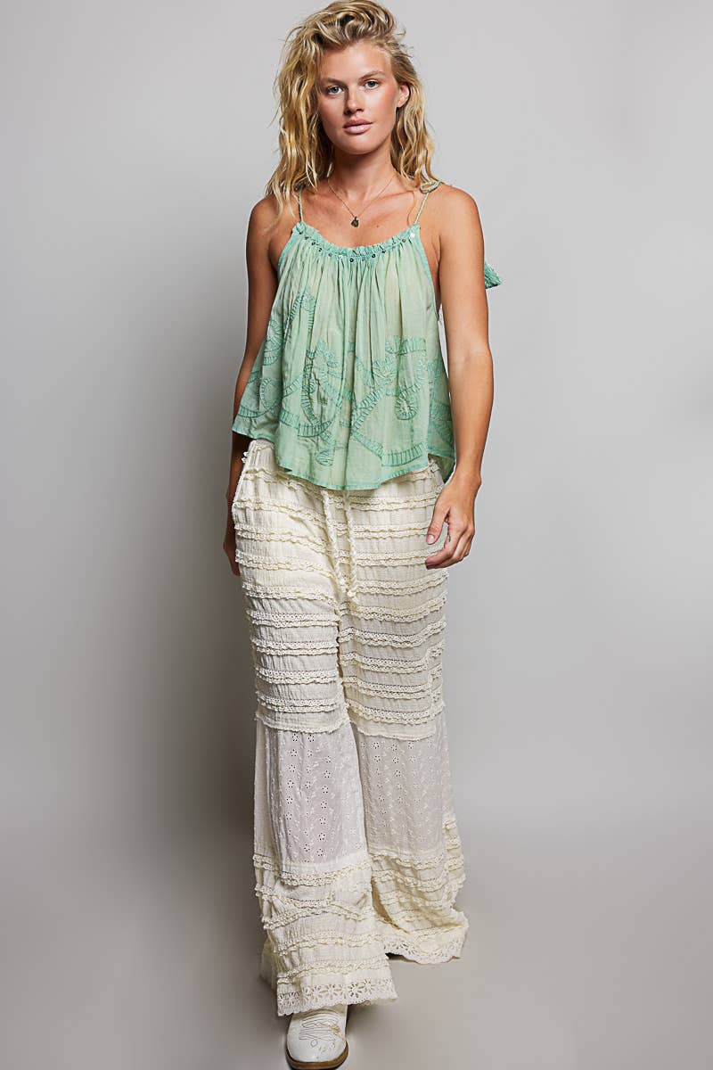 Solid Pattern Eyelet Patch High-Rise Lace Knit Pants