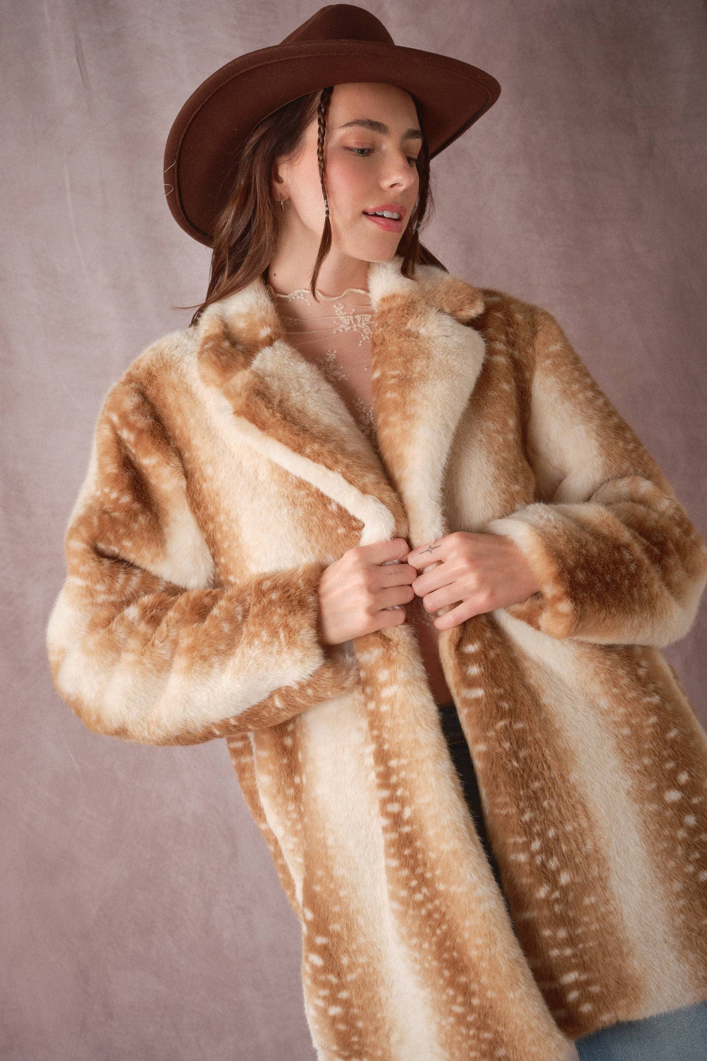 Deer Print Faux Fur Coat: TAUPE