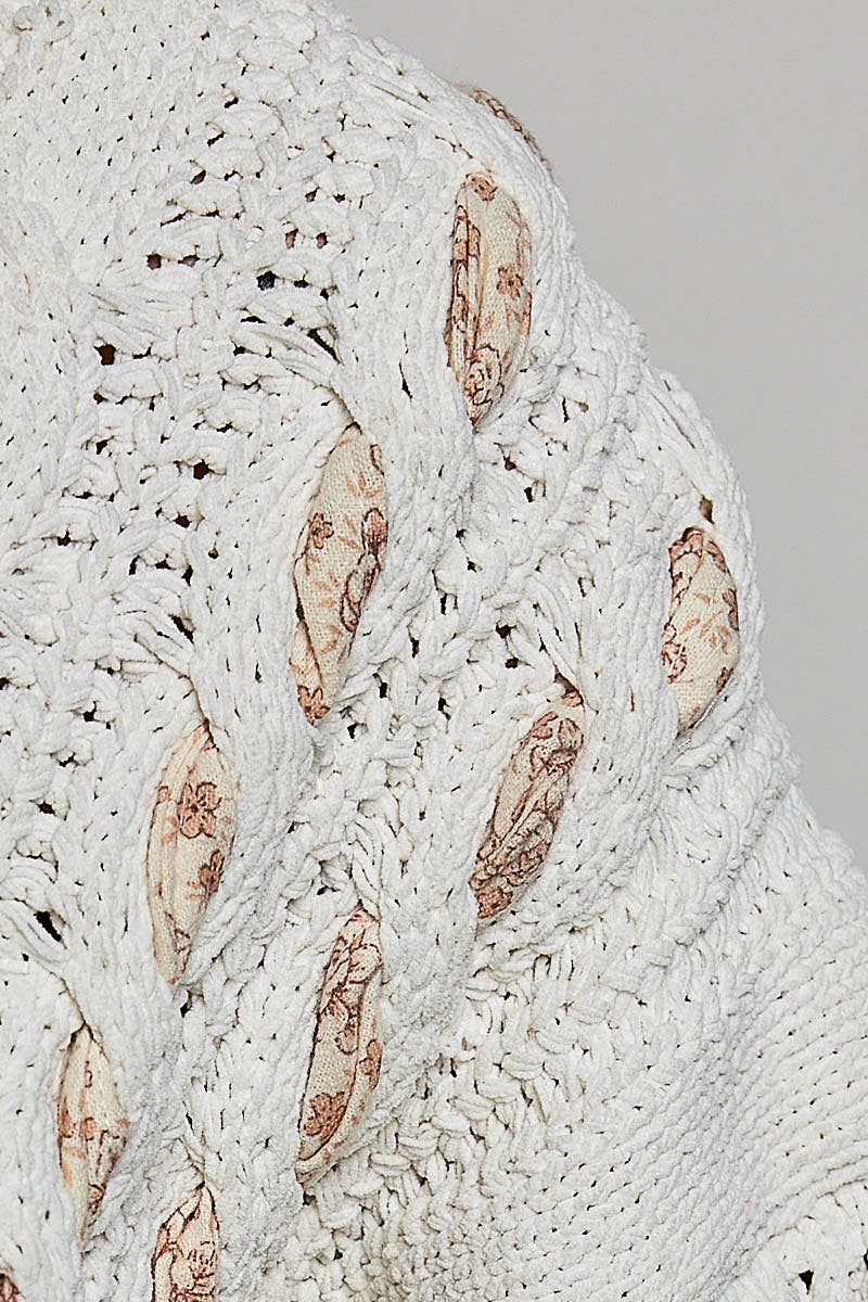 Chenille V Neck Balloon Sleeve Tie Detail Sweater Top: CREAM