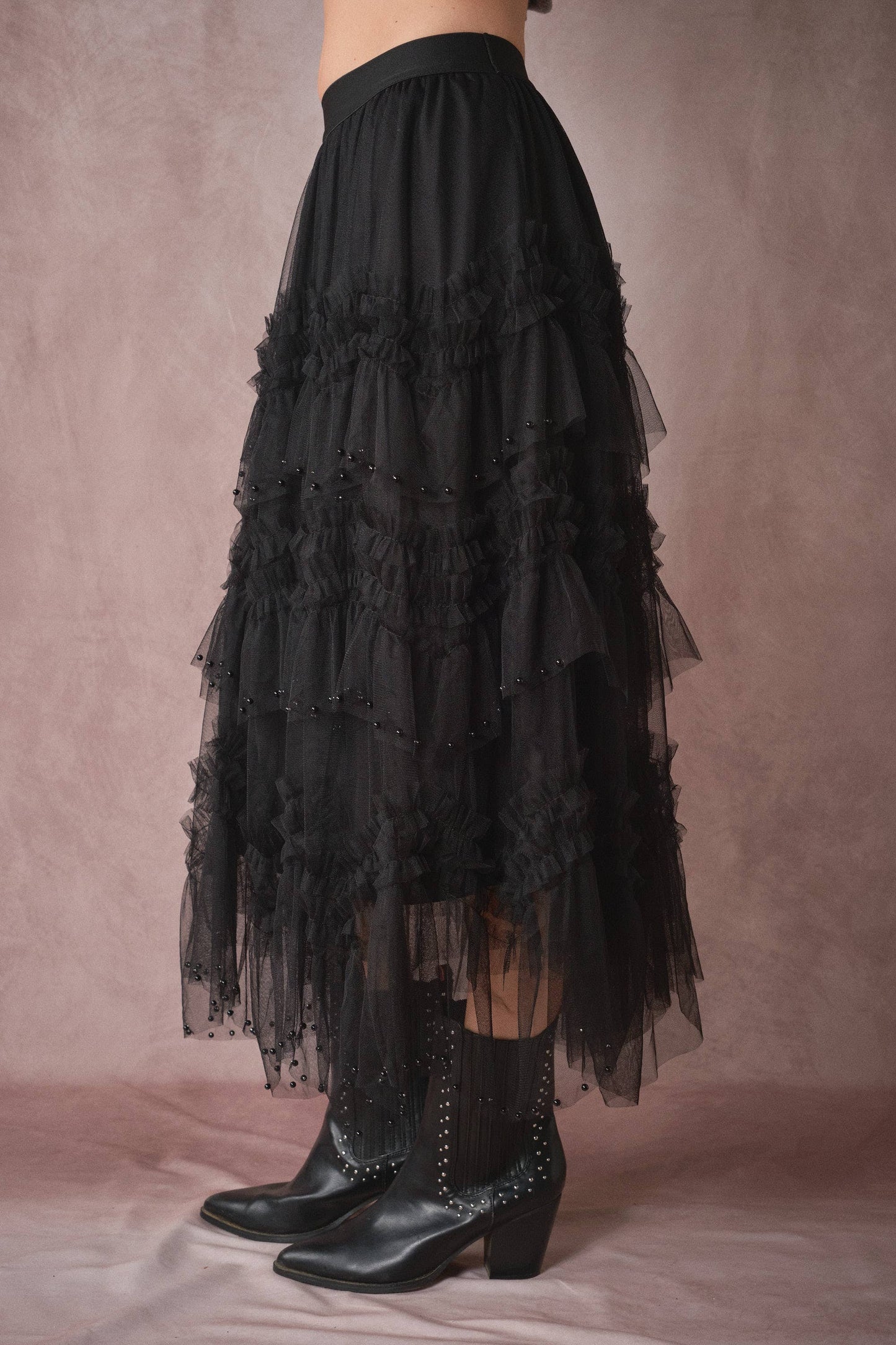 Black Tiered Ruffle Tulle Skirt With Pearls