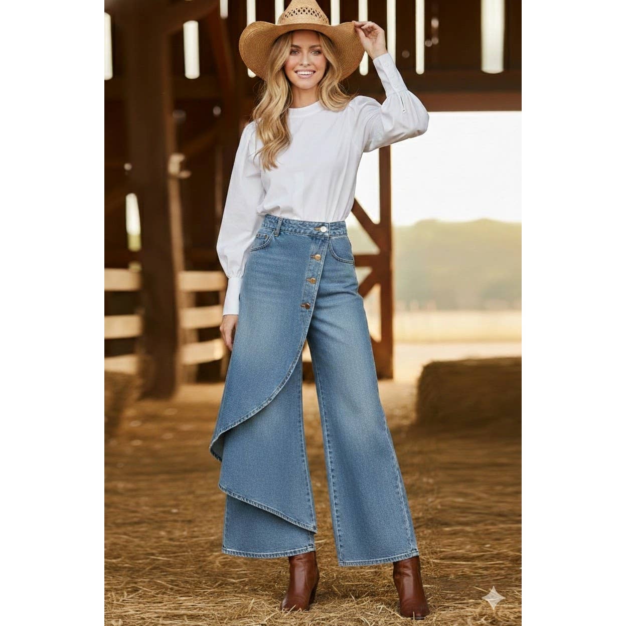 JULY SHIP Washed Romantic Wide Leg Denim Pants: DEEP BLUE / S-M-L-XL