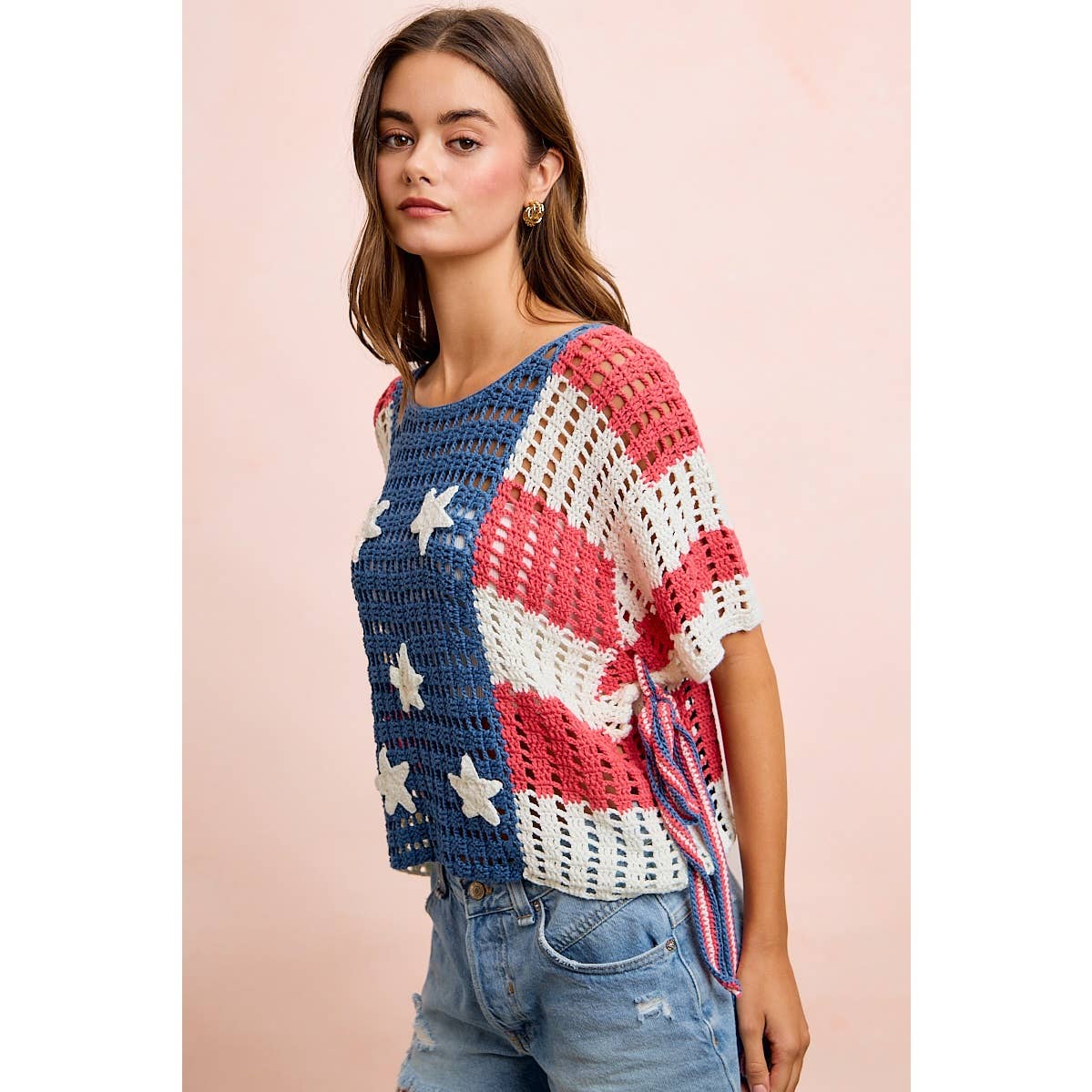 4TH OF JULY AMERICAN FLAG OPEN KNIT CROCHET TOP: AMERICAN FLAG