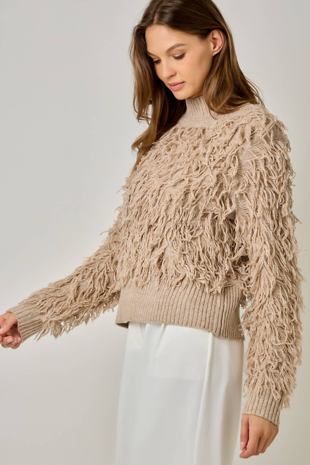 61640 Shaggy Knit Pullover Sweater: Ivory