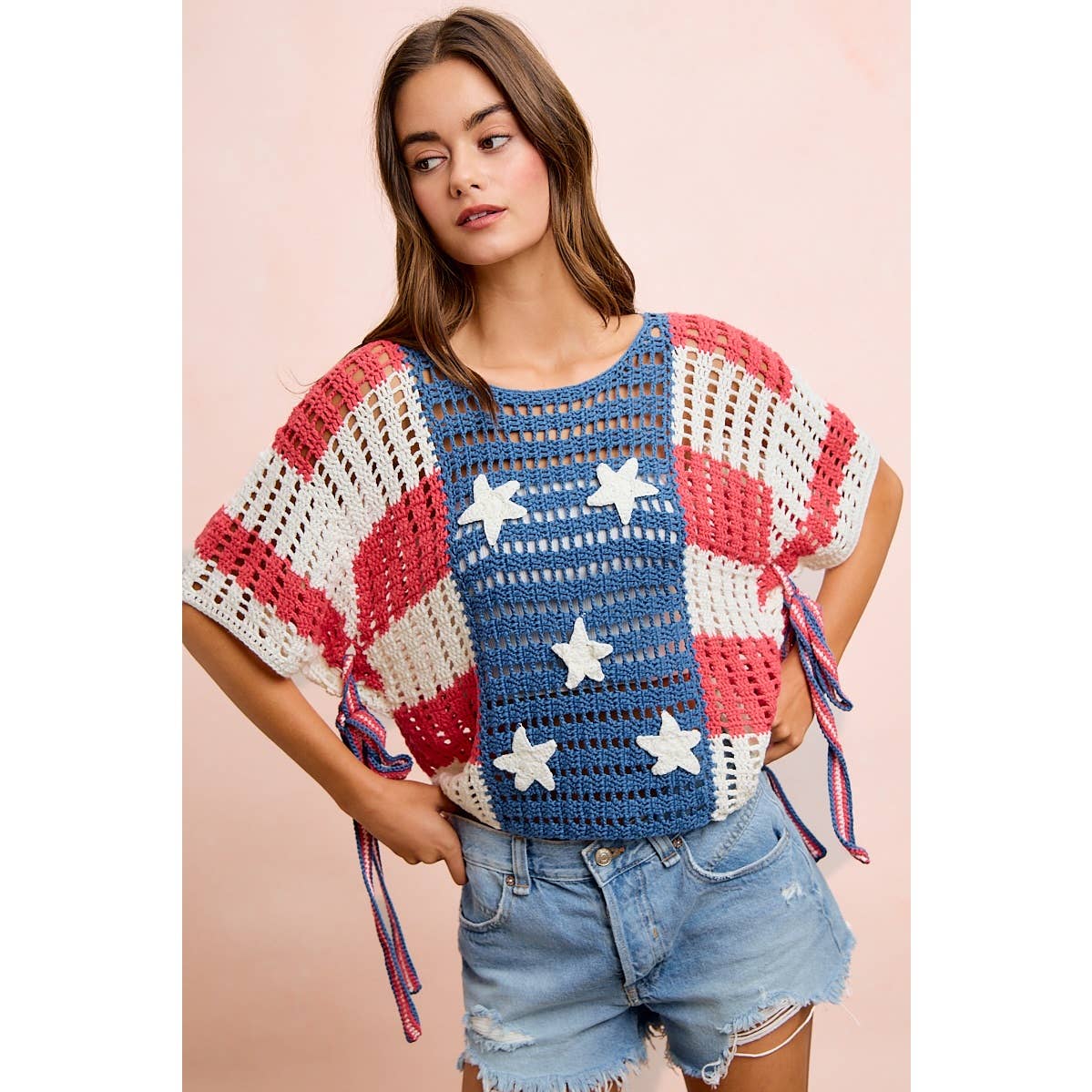 4TH OF JULY AMERICAN FLAG OPEN KNIT CROCHET TOP: AMERICAN FLAG