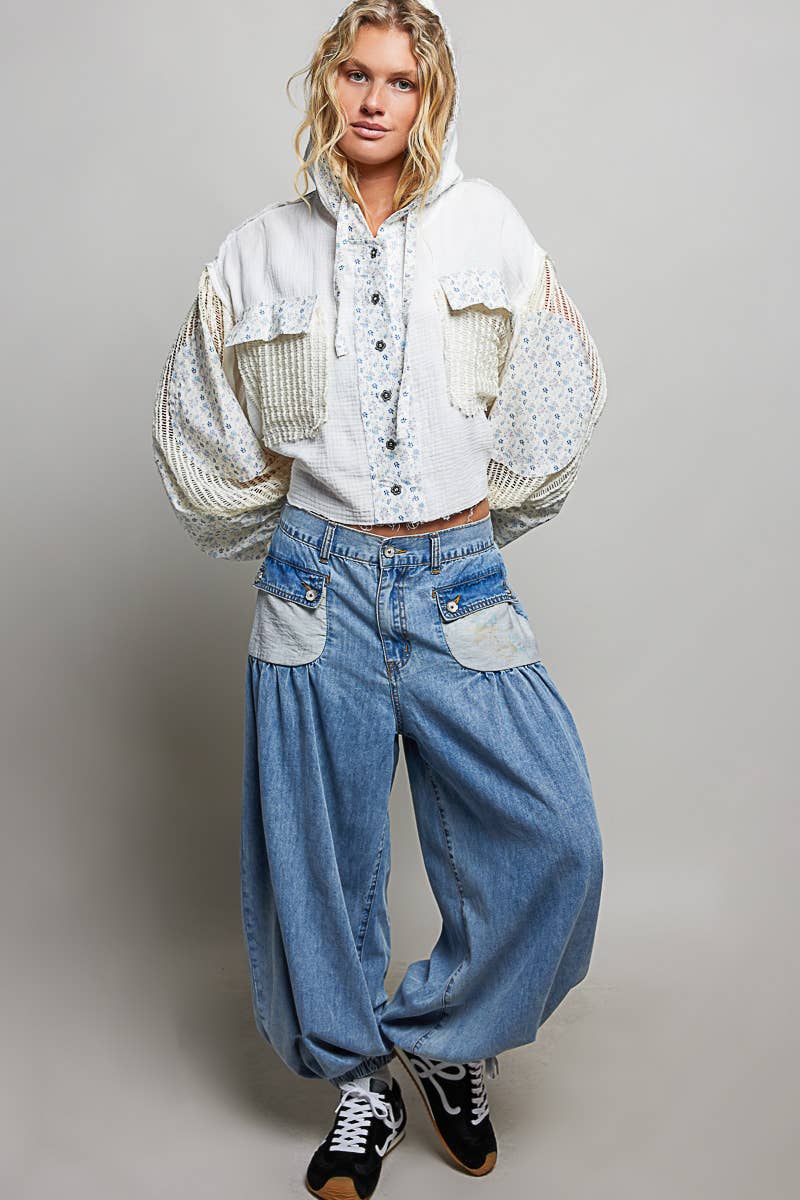POL Balloon sleeve double gauze floral placket jacket