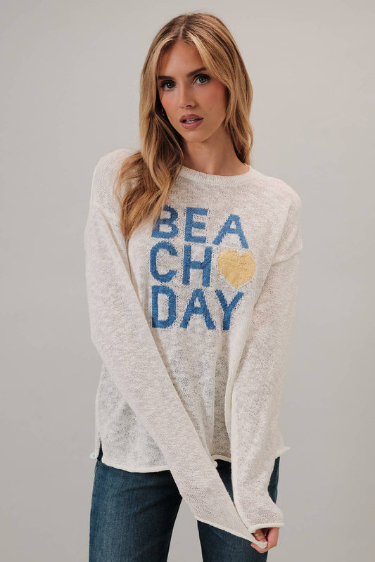 April SHIP ROUND NECK LONG SLEEVE "BEACH DAY" GRAPHIC LT WEIGHT SWEATER