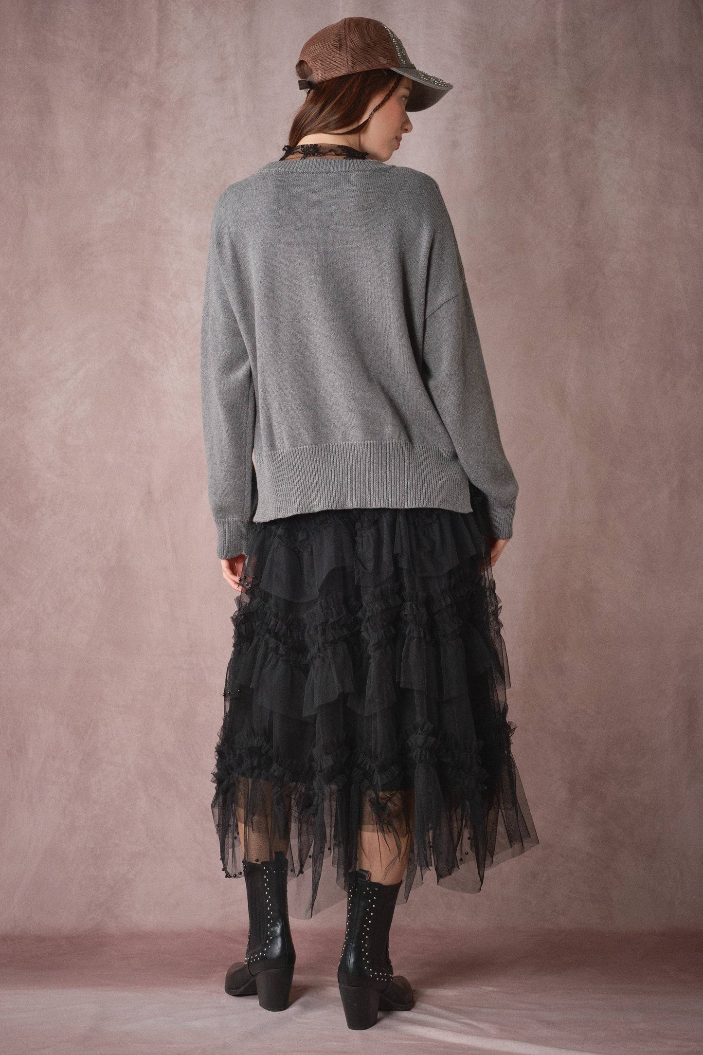Black Tiered Ruffle Tulle Skirt With Pearls