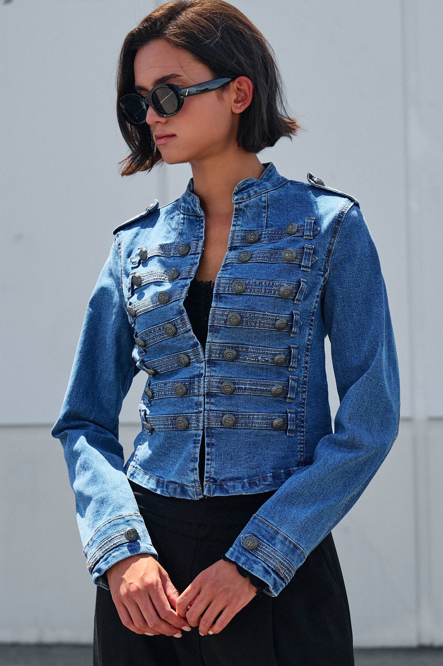 Military Double-Button Denim Jean Jacket: Blue