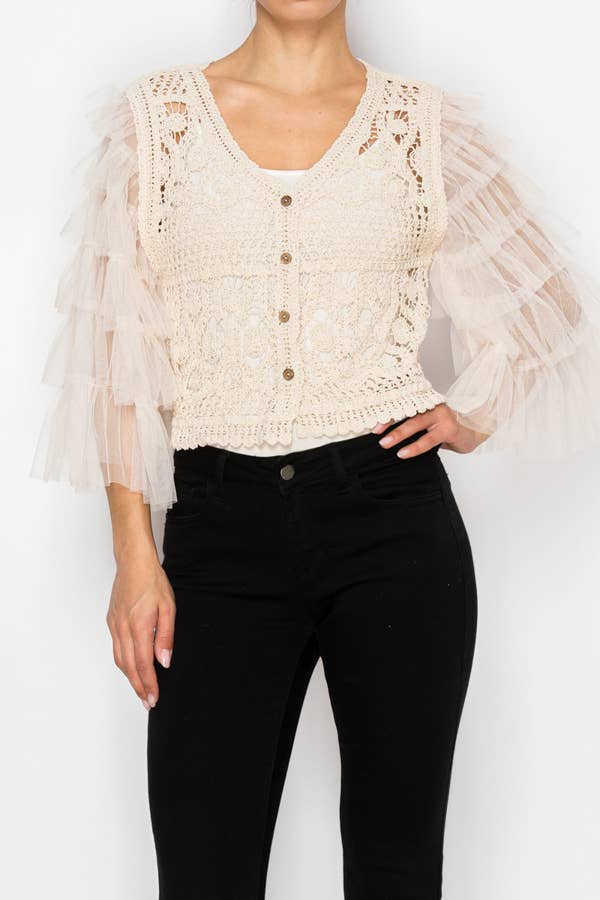 Dreamy Crochet Tulle Tiered Sleeved Cardigan