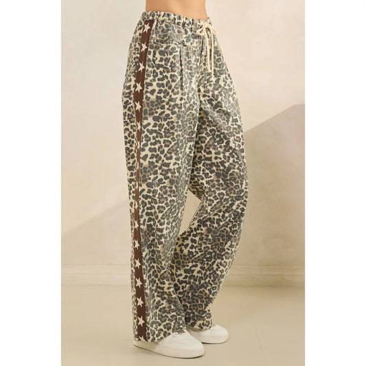 Leopard printed striped wide leg pants